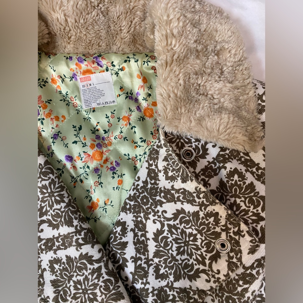 Urban Outfitters Olive Pattern Faux Fur Trim Twill Trench Coat